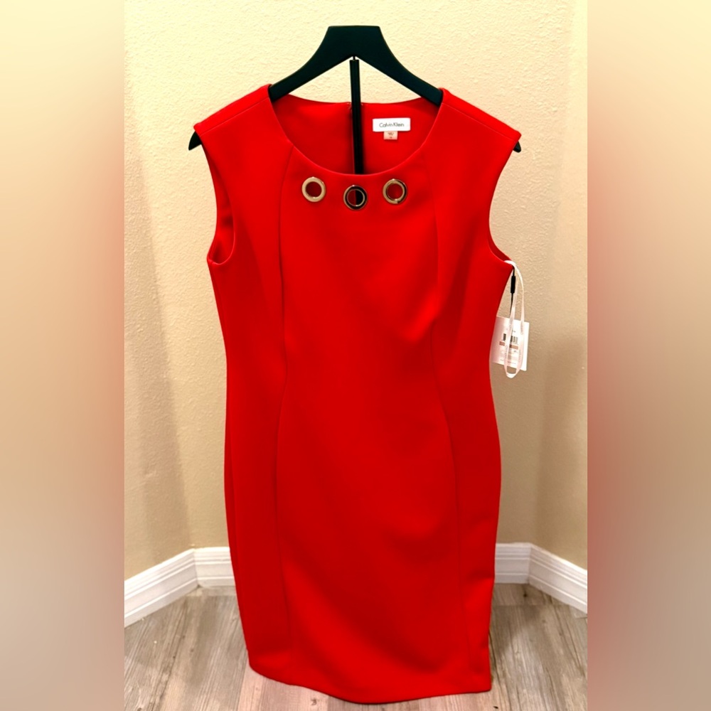 Calvin Klein Women's Red Fitted Gold Rivet Embellished Scuba Sheath Size12 Dress